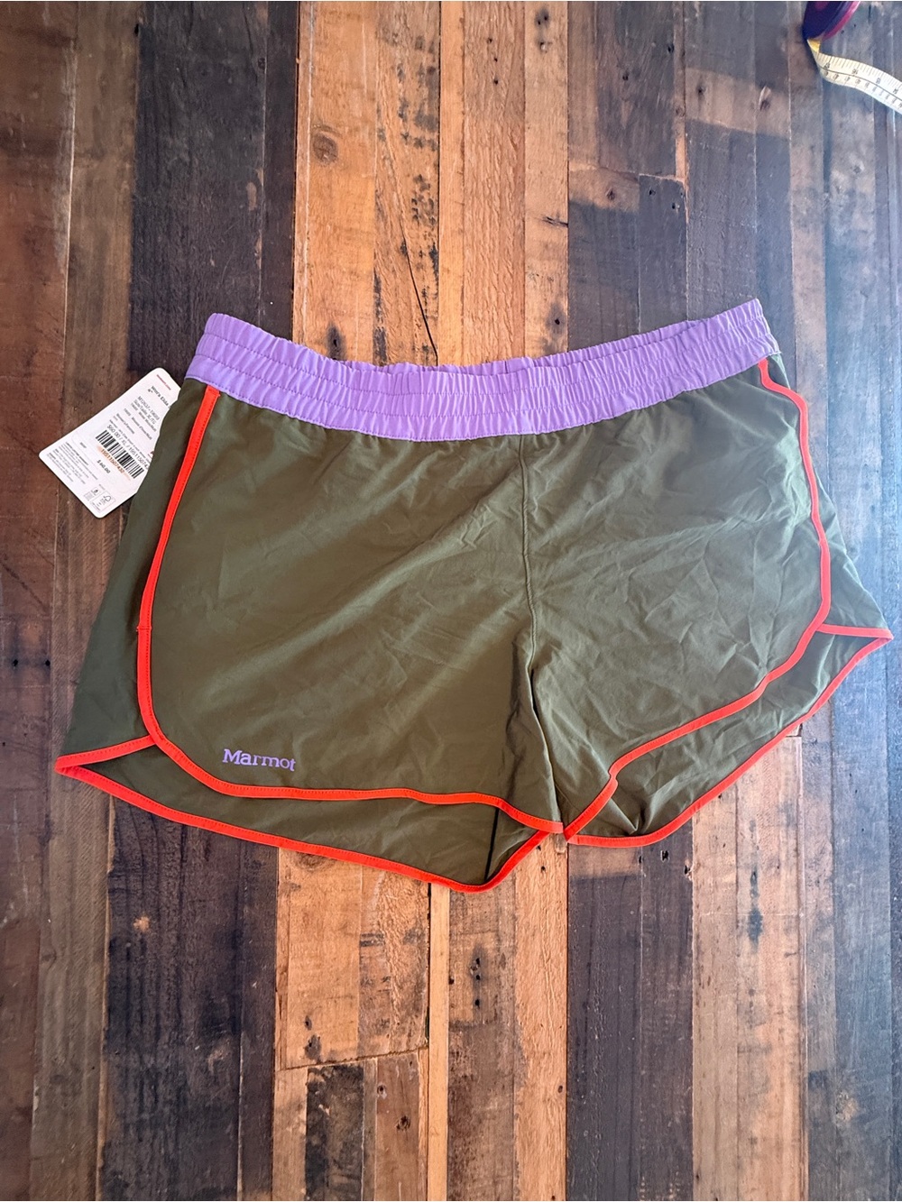 Marmot Olive Athletic Shorts with Purple Waistband and Orange Trim
